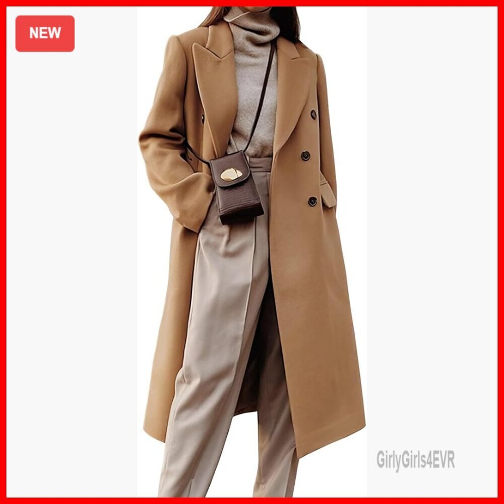 Wool Blend Pea Coat, Double Breasted, Below Knee Length, Straight Fit